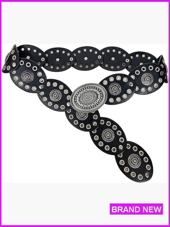 Accessories - Western Vintage Boho Style PU Leather Wide Disc Belt Adjustable Waist